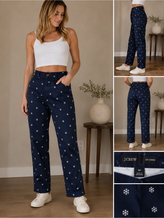 J. Crew Pants - J. Crew High Rise Girlfriend Navy Snowflake- Print Women’s Chinos Pants Size 4P